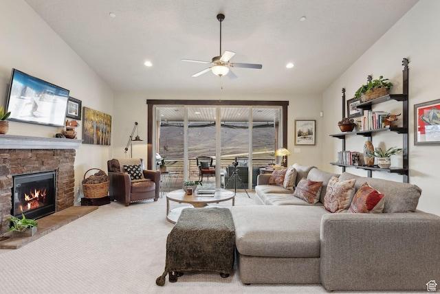 5265 N Laurelwood St N, Heber City, UT 84032 - living room featuring recessed lighting, a fireplace, a ceiling fan, and carpet floors