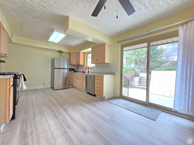 2084 Robins Ave, Ogden, UT 84401 - kitchen featuring appliances with stainless steel finishes, baseboards, a textured ceiling, light wood-style floors, and ceiling fan