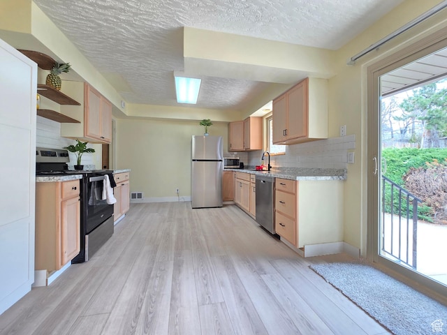 2084 Robins Ave, Ogden, UT 84401 - kitchen with appliances with stainless steel finishes, a sink, light wood-style flooring, decorative backsplash, and a textured ceiling