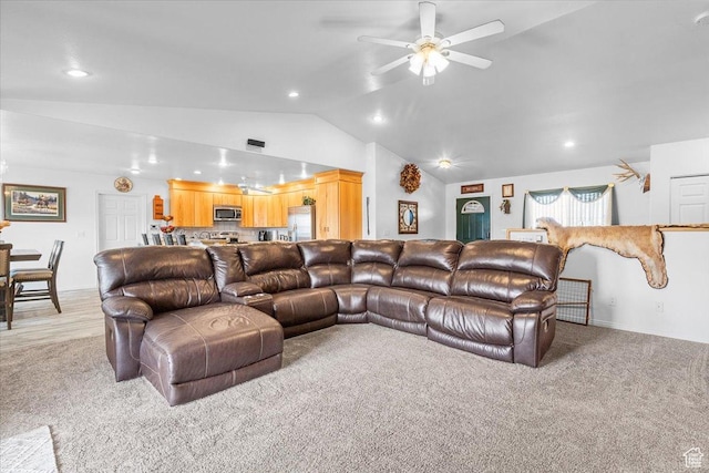 170 E 400 N, Mount Pleasant, UT 84647 - living room featuring recessed lighting, vaulted ceiling, and ceiling fan