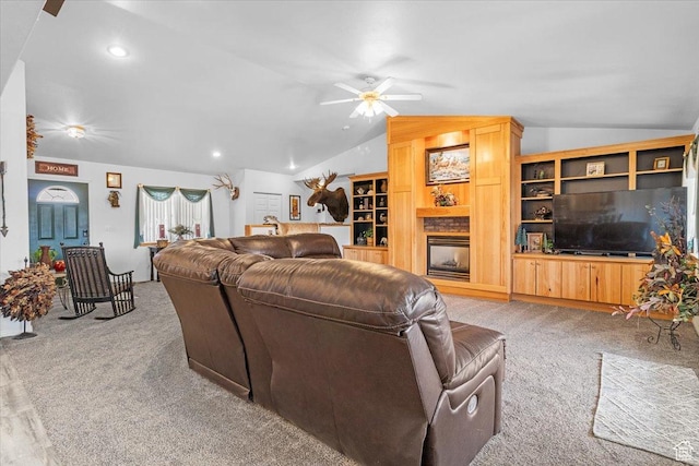 170 E 400 N, Mount Pleasant, UT 84647 - carpeted living room with a ceiling fan, lofted ceiling, and recessed lighting