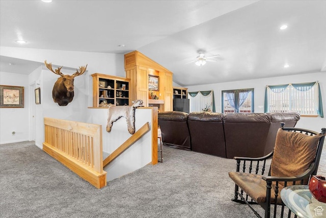 170 E 400 N, Mount Pleasant, UT 84647 - carpeted living room with vaulted ceiling, recessed lighting, and a ceiling fan