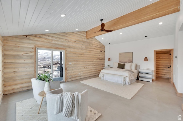 2032 Timber Lakes Dr Unit 950, Heber City, UT 84032 - bedroom featuring wood ceiling, vaulted ceiling with beams, finished concrete flooring, rustic walls, and recessed lighting