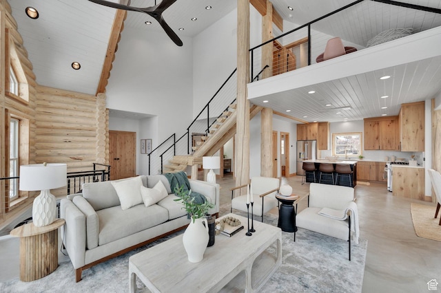 2032 Timber Lakes Dr Unit 950, Heber City, UT 84032 - living area featuring wood ceiling, high vaulted ceiling, ceiling fan, and recessed lighting
