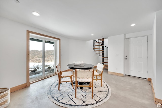 2032 Timber Lakes Dr Unit 950, Heber City, UT 84032 - dining room with baseboards, recessed lighting, stairway, concrete flooring, and a mountain view