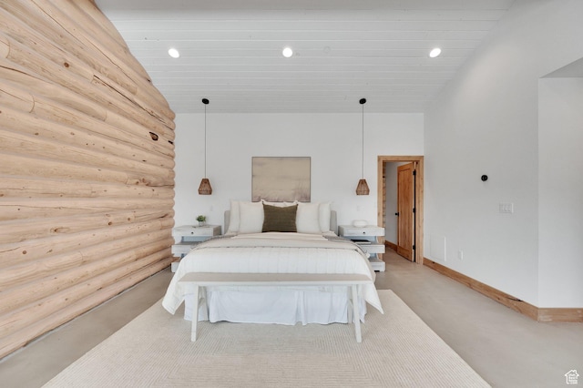 2032 Timber Lakes Dr Unit 950, Heber City, UT 84032 - bedroom featuring log walls, baseboards, lofted ceiling, and recessed lighting