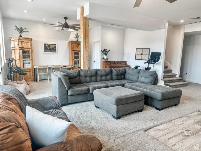 690 N Main St, Antimony, UT 84712 - living room with carpet flooring, visible vents, recessed lighting, and a ceiling fan