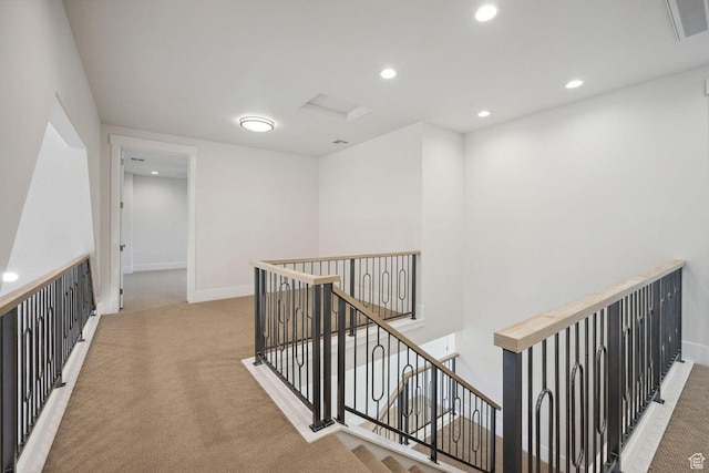 3087 E 2220 S, St George, UT 84790 - hallway with an upstairs landing, carpet floors, baseboards, recessed lighting, and attic access