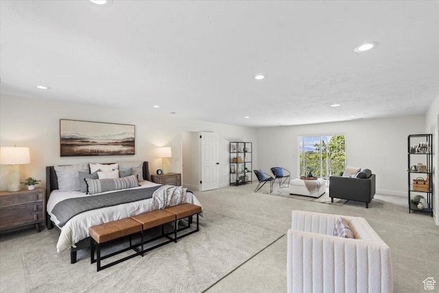 bedroom featuring carpet, baseboards, and recessed lighting