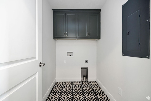 538 N 550 W, Smithfield, UT 84335 - clothes washing area featuring electric panel, washer hookup, electric dryer hookup, baseboards, and cabinet space