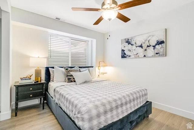 2233 S Beachcomber Ln, Garden City, UT 84028 - bedroom with baseboards, light wood-style floors, ceiling fan, and visible vents