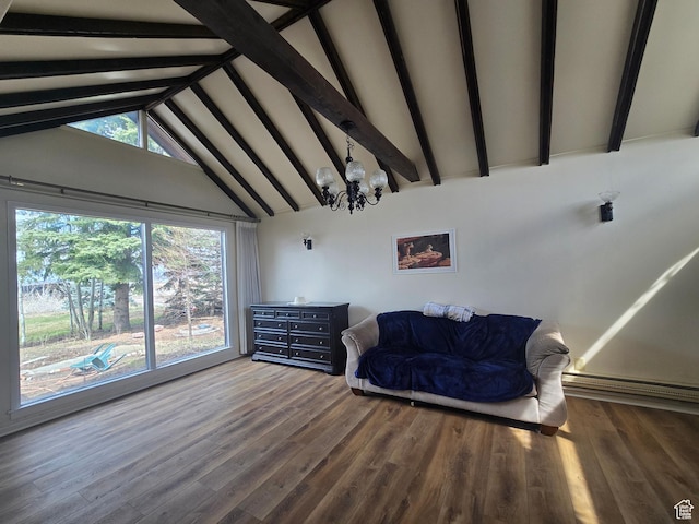 326 W 4800 S, Preston, ID 83263 - living area featuring lofted ceiling with beams, a notable chandelier, and wood finished floors