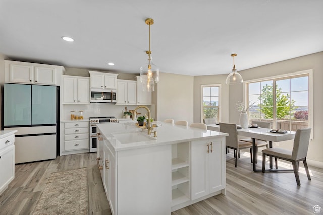 5025 N Shady Bend Ln, Lehi, UT 84043 - kitchen featuring refrigerator, white microwave, range with two ovens, a sink, and light wood-style flooring