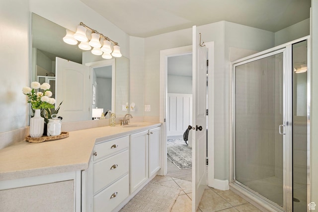 5025 N Shady Bend Ln, Lehi, UT 84043 - bathroom with tile patterned flooring, a shower stall, and vanity