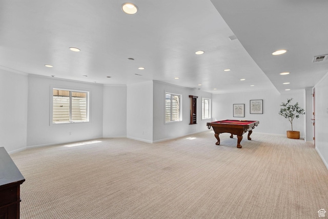 5025 N Shady Bend Ln, Lehi, UT 84043 - playroom with light colored carpet, pool table, recessed lighting, baseboards, and crown molding