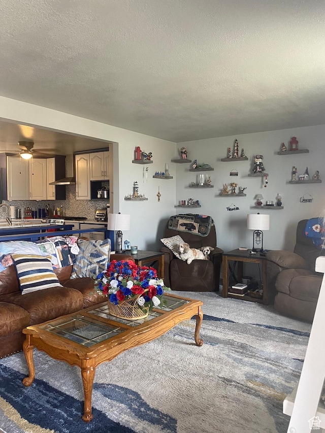 6489 W Castle View Dr S, West Valley City, UT 84128 - living room with carpet flooring, a textured ceiling, and a ceiling fan