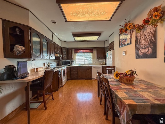 kitchen with light countertops, a sink, light wood-style flooring, white appliances, and dark brown cabinets