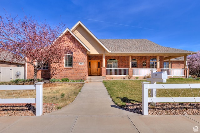 494 E Kachina Way, Moab, UT 84532 - view of front of property with a front lawn, a porch, fence, and brick siding