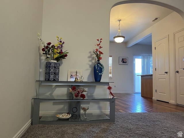 890 E Chase Brook Ln S, Millcreek, UT 84107 - hallway featuring arched walkways, baseboards, visible vents, and wood finished floors