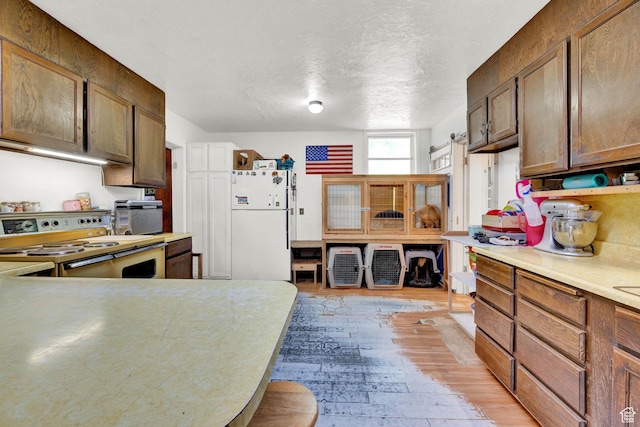 477 N 300 W, Brigham City, UT 84302 - kitchen with light countertops, freestanding refrigerator, light wood finished floors, a textured ceiling, and electric stove