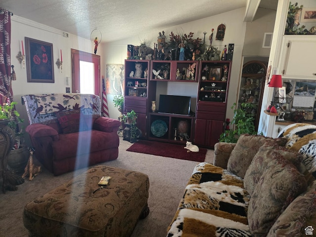 living area with carpet, lofted ceiling, and visible vents