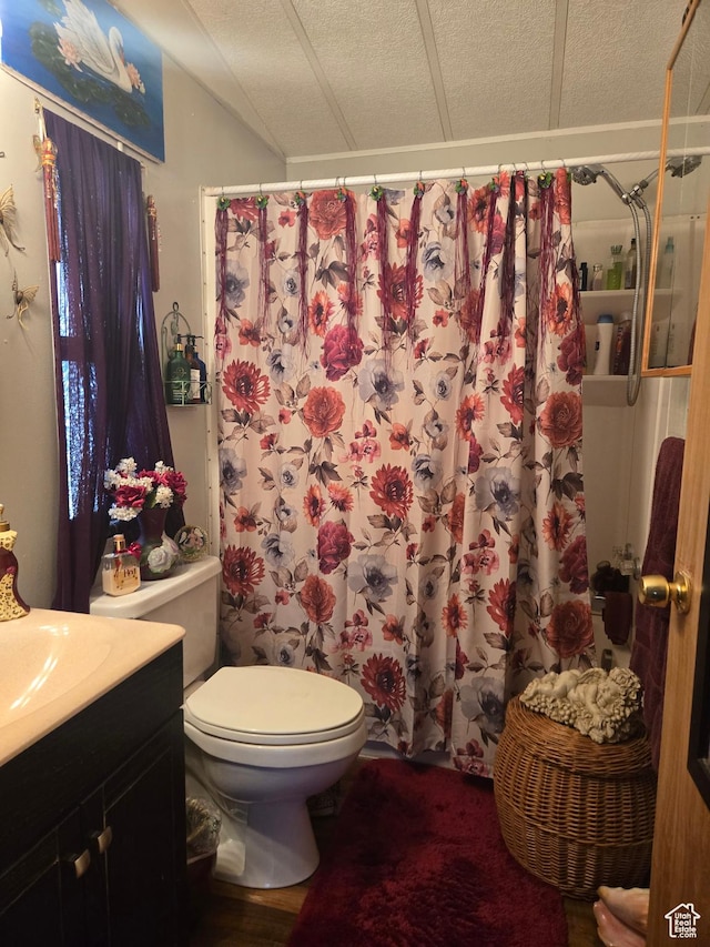 full bathroom with toilet, vanity, a shower with shower curtain, and a textured ceiling