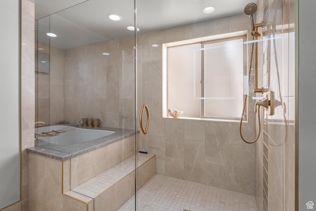 3032 W Cramden Dr, Lehi, UT 84043 - bathroom featuring tile walls, tiled shower, recessed lighting, and a garden tub