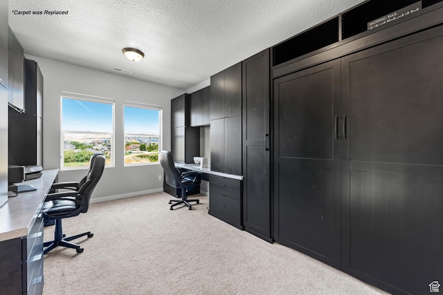 3032 W Cramden Dr, Lehi, UT 84043 - home office with light colored carpet, visible vents, baseboards, and a textured ceiling