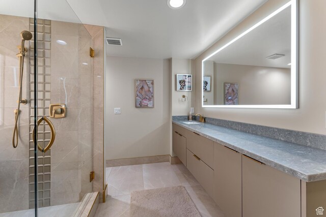 3032 W Cramden Dr, Lehi, UT 84043 - bathroom with vanity, baseboards, visible vents, and a shower stall