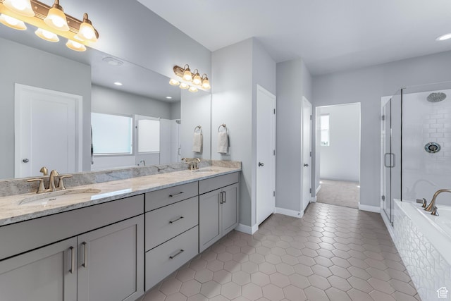 3032 W Cramden Dr, Lehi, UT 84043 - full bathroom featuring an enclosed shower, double vanity, a sink, and tile patterned floors
