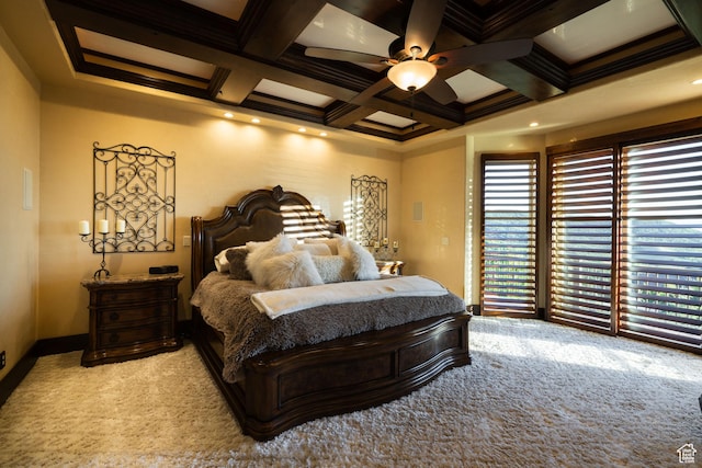 4757 Hidden Lake Dr, Bountiful, UT 84010 - carpeted bedroom featuring baseboards, ornamental molding, coffered ceiling, and beamed ceiling