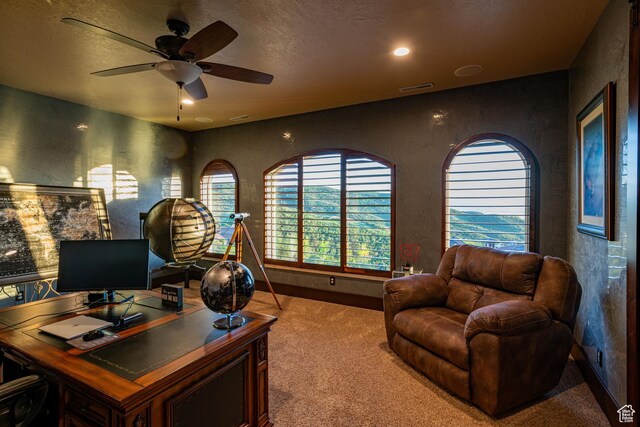 4757 Hidden Lake Dr, Bountiful, UT 84010 - office area featuring carpet, a ceiling fan, a textured ceiling, visible vents, and a textured wall