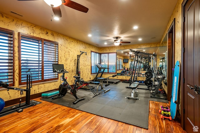 4757 Hidden Lake Dr, Bountiful, UT 84010 - exercise room featuring baseboards, visible vents, wood finished floors, and a ceiling fan