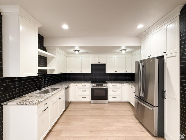 4014 N Dillon Way N, Ogden, UT 84414 - kitchen with a sink, light wood-type flooring, appliances with stainless steel finishes, and open shelves