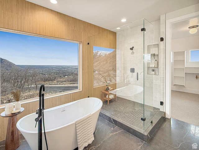 4014 N Dillon Way N, Ogden, UT 84414 - bathroom with a soaking tub, marble finish floor, recessed lighting, and a shower stall