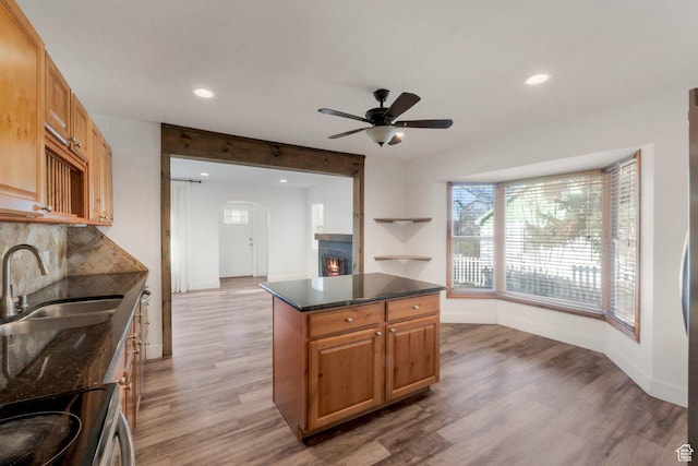 kitchen with a warm lit fireplace, stainless steel electric range oven, wood finished floors, arched walkways, and a sink