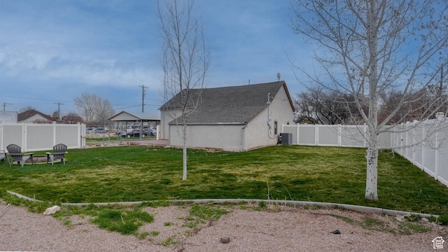 exterior space with a fenced backyard and central air condition unit