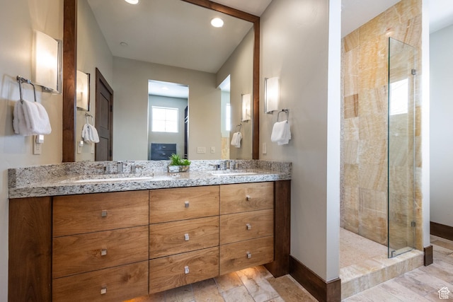 853 W Benjamin Pl, Kamas, UT 84036 - full bathroom with double vanity, a shower stall, recessed lighting, and a sink