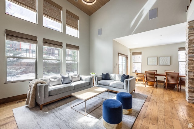 853 W Benjamin Pl, Kamas, UT 84036 - living area featuring visible vents, high vaulted ceiling, light wood-style floors, and baseboards