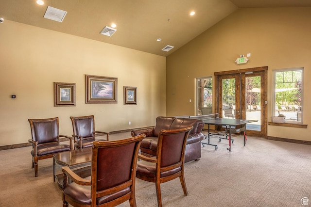 853 W Benjamin Pl, Kamas, UT 84036 - interior space featuring french doors, high vaulted ceiling, light carpet, and visible vents