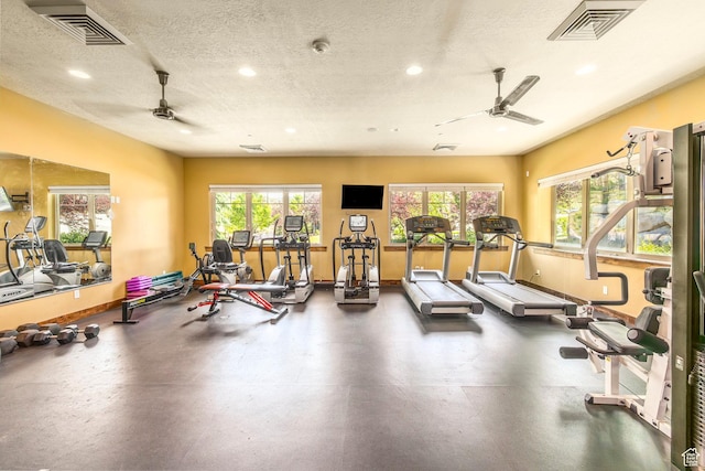 853 W Benjamin Pl, Kamas, UT 84036 - exercise room featuring visible vents, recessed lighting, a ceiling fan, and plenty of natural light