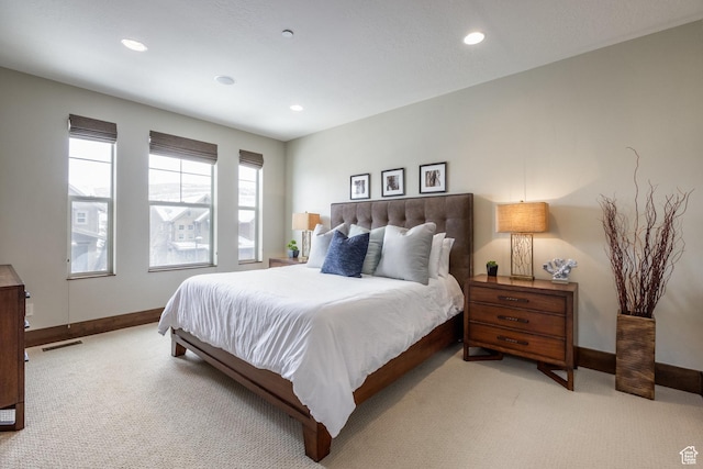 853 W Benjamin Pl, Kamas, UT 84036 - bedroom with visible vents, baseboards, recessed lighting, and light carpet