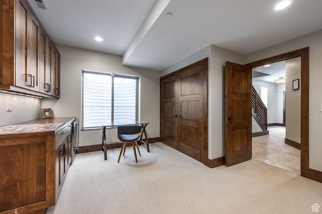 853 W Benjamin Pl, Kamas, UT 84036 - home office featuring baseboards, recessed lighting, visible vents, and light colored carpet
