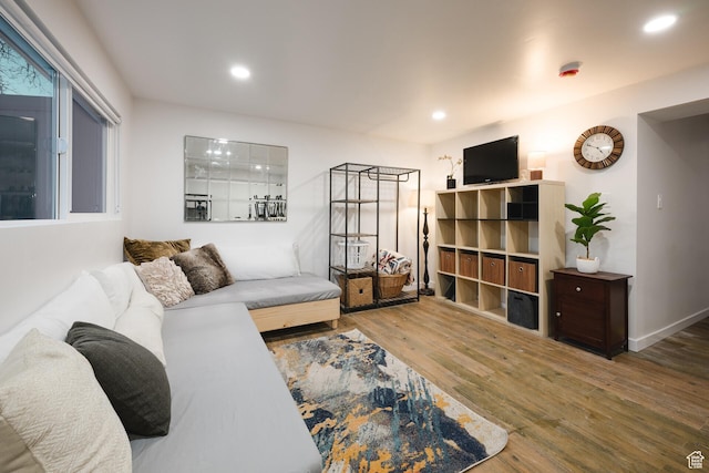 living area with wood finished floors and recessed lighting