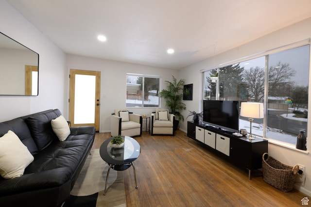 living room with baseboards, recessed lighting, and wood finished floors