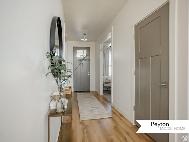 doorway to outside featuring light wood finished floors and baseboards