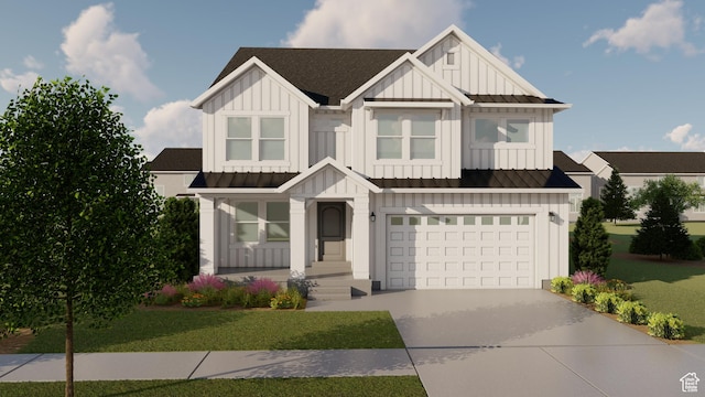 modern farmhouse featuring board and batten siding, concrete driveway, a standing seam roof, a front lawn, and a garage