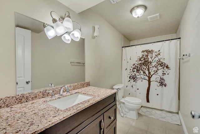 1184 W Michaelsen, West Jordan, UT 84088 - bathroom with a shower with shower curtain, vanity, tile patterned floors, toilet, and visible vents