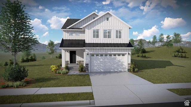modern farmhouse style home with an attached garage, stone siding, board and batten siding, driveway, and a front yard