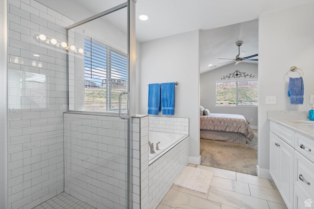 15097 S Cantle Dr, Bluffdale, UT 84065 - full bath featuring ensuite bathroom, a shower stall, vanity, a garden tub, and a ceiling fan